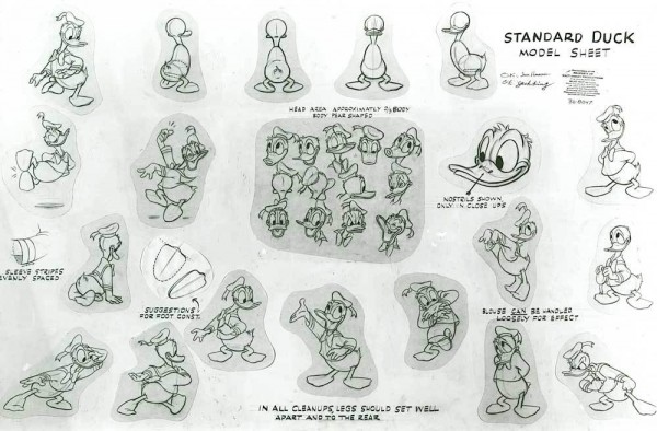 Donald Duck model sheet from an old Disney production. Expressive drawings were added to the construction notes.