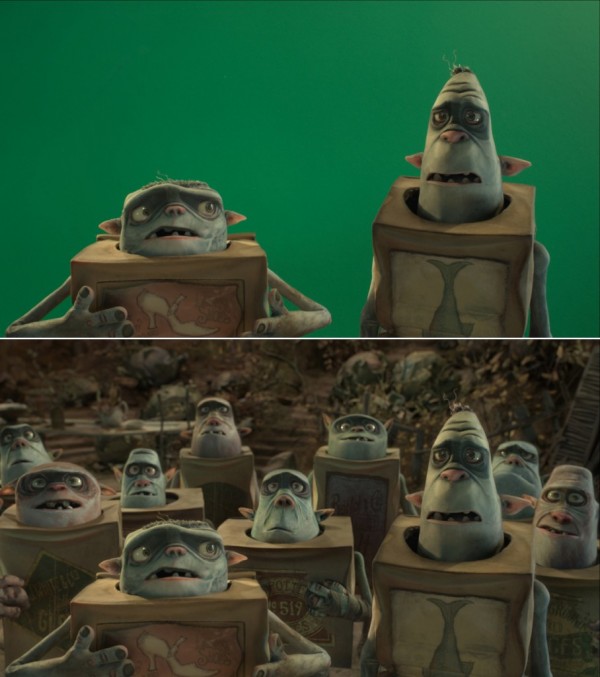Still from Boxtrolls with and without CG extras